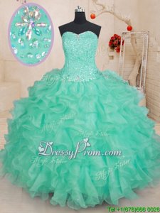 New Arrival Sleeveless Organza Floor Length Lace Up Quinceanera Dress inApple Green forSpring and Summer and Fall and Winter withBeading and Ruffles