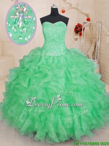 Exceptional Green Ball Gowns Beading and Ruffles Quinceanera Gowns Lace Up Organza Sleeveless Floor Length
