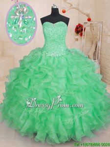 Exceptional Green Ball Gowns Beading and Ruffles Quinceanera Gowns Lace Up Organza Sleeveless Floor Length