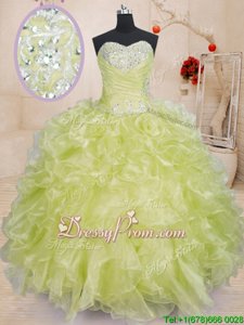 Popular Yellow Green Sweetheart Lace Up Beading and Ruffles Ball Gown Prom Dress Sleeveless