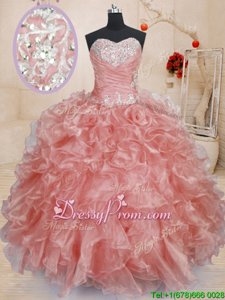 Sexy Watermelon Red Organza Lace Up Vestidos de Quinceanera Sleeveless Floor Length Beading and Ruffles