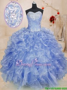 Elegant Floor Length Purple Quinceanera Gowns Organza Sleeveless Spring and Summer and Fall and Winter Beading and Ruffles