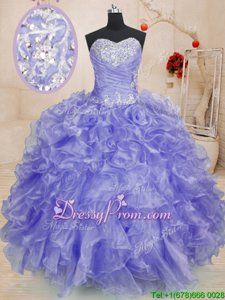 New Arrival Lavender Long Sleeves Floor Length Beading and Ruffles Lace Up Ball Gown Prom Dress
