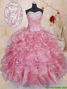 Fine Pink Sleeveless Beading and Ruffles Floor Length Quinceanera Dresses