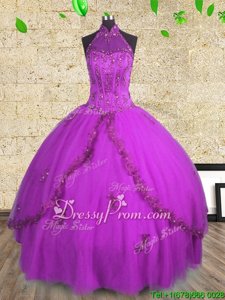 Cheap Purple Ball Gowns Beading Quinceanera Dress Lace Up Tulle Sleeveless Floor Length