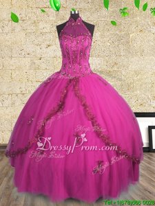 Custom Designed Fuchsia Tulle Lace Up Sweet 16 Quinceanera Dress Sleeveless Floor Length Beading