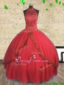 Elegant Floor Length Red Quince Ball Gowns Tulle Sleeveless Spring and Summer and Fall and Winter Beading