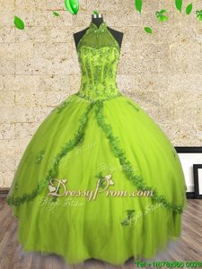 Suitable Floor Length Yellow Green 15th Birthday Dress Halter Top Sleeveless Lace Up