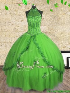 Beauteous Spring Green Tulle Lace Up Halter Top Sleeveless Floor Length Quince Ball Gowns Beading