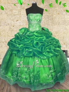 Decent Green Strapless Neckline Beading and Embroidery Quinceanera Gown Sleeveless Lace Up