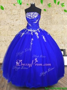Royal Blue Lace Up Strapless Appliques and Ruching Sweet 16 Dresses Tulle Sleeveless
