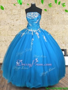 Cute Tulle Strapless Sleeveless Lace Up Appliques and Ruching 15 Quinceanera Dress inBlue