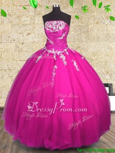 Stunning Tulle Strapless Sleeveless Lace Up Appliques and Ruching 15th Birthday Dress inFuchsia