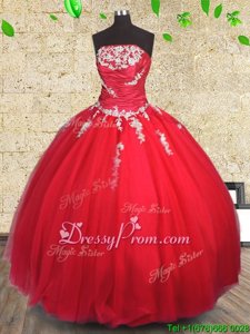 Appliques and Ruching 15 Quinceanera Dress Red Lace Up Sleeveless Floor Length