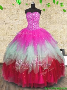 Great Multi-color Sleeveless Floor Length Beading and Ruffles and Ruffled Layers Lace Up Vestidos de Quinceanera