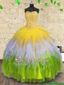 Enchanting Floor Length Lace Up 15th Birthday Dress Multi-color and In forProm and Party withBeading and Ruffles and Sequins