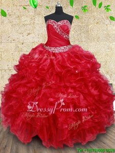 Clearance Ball Gowns Vestidos de Quinceanera Red Sweetheart Organza Sleeveless Floor Length Lace Up