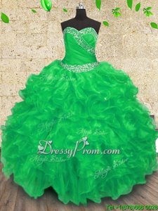 Glittering Green Ball Gowns Beading and Appliques and Ruffles and Ruching 15th Birthday Dress Lace Up Organza Sleeveless Floor Length