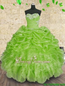 Stylish Sleeveless Floor Length Beading and Appliques and Ruffles and Ruching Lace Up 15th Birthday Dress with Spring Green