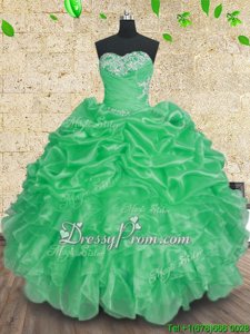 Deluxe Apple Green Sleeveless Floor Length Beading and Appliques and Ruffles and Ruching Lace Up Quince Ball Gowns