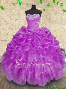 Unique Organza Sweetheart Sleeveless Lace Up Beading and Appliques and Ruffles and Ruching Quinceanera Gowns inPurple