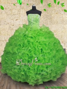 Fancy Spring Green Ball Gowns Organza Strapless Sleeveless Beading and Ruffles Floor Length Lace Up Quince Ball Gowns