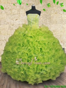 Superior Ball Gowns Quince Ball Gowns Yellow Green Strapless Organza Sleeveless Floor Length Lace Up
