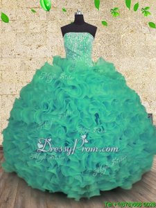 Top Selling Floor Length Turquoise Quinceanera Gowns Organza Sleeveless Spring and Summer and Fall and Winter Beading and Ruffles