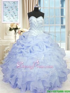 Graceful Sweetheart Sleeveless Sweet 16 Quinceanera Dress Floor Length Beading and Ruffles Lavender Organza