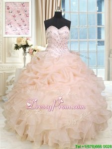 High Class Peach Sleeveless Organza Lace Up Ball Gown Prom Dress forMilitary Ball and Sweet 16 and Quinceanera