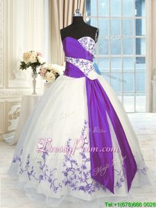 Pretty Ball Gowns Sweet 16 Dresses White And Purple Sweetheart Organza Sleeveless Floor Length Lace Up