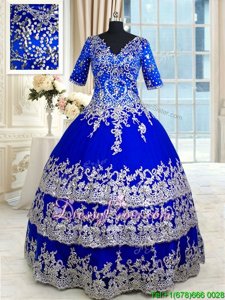 Designer V-neck Half Sleeves Sweet 16 Quinceanera Dress Floor Length Appliques and Ruffled Layers Royal Blue Satin and Tulle