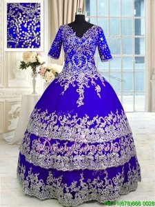 Charming Blue Half Sleeves Satin and Tulle Zipper Sweet 16 Dress forMilitary Ball and Sweet 16 and Quinceanera