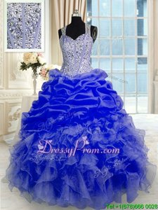 Charming Sleeveless Organza Floor Length Zipper Quinceanera Dresses inBlue forSpring and Summer and Fall and Winter withBeading and Ruffles