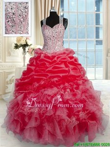 Sleeveless Organza Floor Length Zipper Quinceanera Dresses inRed forSpring and Summer and Fall and Winter withBeading and Ruffles