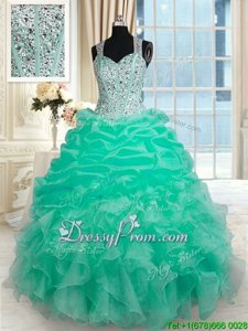 Noble Beading and Ruffles Ball Gown Prom Dress Turquoise Zipper Sleeveless Floor Length