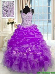 Lovely Lilac Sleeveless Beading and Ruffles Floor Length Quinceanera Gown