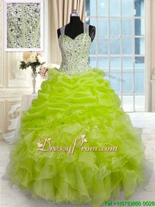 Discount Yellow Green Straps Zipper Beading and Ruffles and Pick Ups Quinceanera Gowns Sleeveless