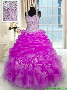 Exceptional Fuchsia Zipper Straps Beading and Ruffles and Pick Ups Quinceanera Gowns Organza and Taffeta Sleeveless