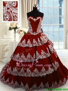With Train Wine Red Vestidos de Quinceanera Taffeta Court Train Sleeveless Spring and Summer and Fall and Winter Beading and Appliques and Ruffled Layers