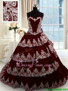 Sexy With Train Wine Red Sweet 16 Dress Sweetheart Sleeveless Court Train Lace Up