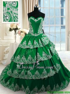 Best Selling Dark Green Sleeveless Court Train Beading and Appliques and Ruffled Layers With Train 15 Quinceanera Dress