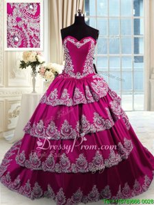 New Arrival Fuchsia Sleeveless Taffeta Court Train Lace Up Quinceanera Dresses forMilitary Ball and Sweet 16 and Quinceanera