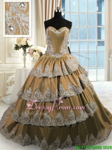 Glorious Brown Sweetheart Neckline Beading and Appliques and Ruffled Layers Ball Gown Prom Dress Sleeveless Lace Up