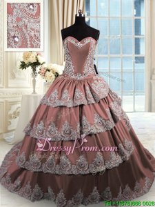 Brown Taffeta Lace Up 15th Birthday Dress Sleeveless With Train Court Train Beading and Appliques and Ruffled Layers