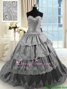 Adorable Grey Taffeta Lace Up 15 Quinceanera Dress Sleeveless With Train Court Train Beading and Appliques and Ruffled Layers