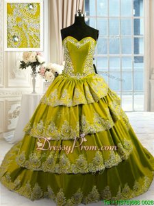 Most Popular Olive Green Quinceanera Dresses Military Ball and Sweet 16 and Quinceanera and For withBeading and Appliques and Ruffled Layers Sweetheart Sleeveless Court Train Lace Up