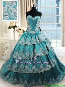 Flirting Sleeveless With Train Beading and Appliques and Ruffled Layers Lace Up 15 Quinceanera Dress with Teal