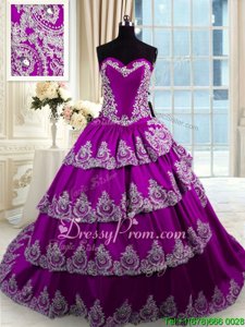 Sophisticated Eggplant Purple Taffeta Lace Up Sweetheart Sleeveless With Train Ball Gown Prom Dress Beading and Appliques and Ruffled Layers
