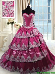 Classical With Train Lace Up Ball Gown Prom Dress Fuchsia and In forMilitary Ball and Sweet 16 and Quinceanera withBeading and Appliques and Ruffled Layers Court Train